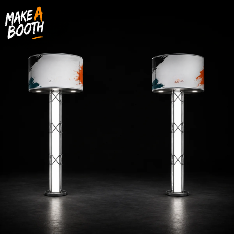 Truss tower spotlight stand with two silver poles and white round shades