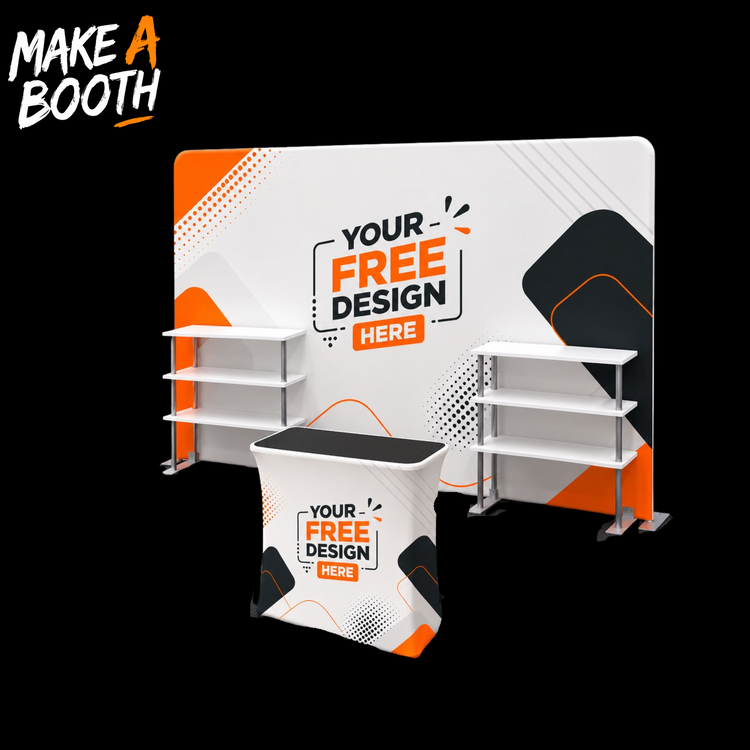 Tension fabric display kit with two shelving units and a printed podium