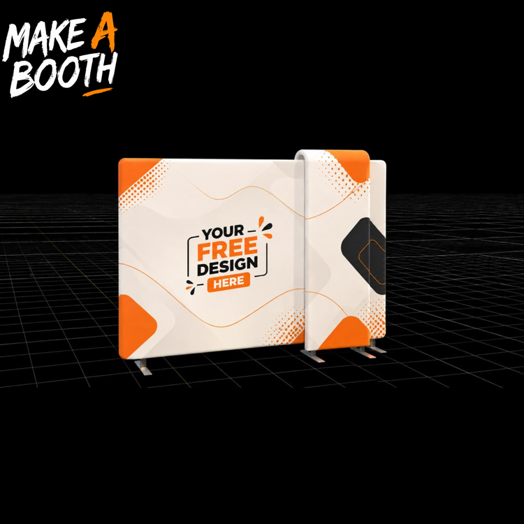 10ft tension fabric display with white front graphic and orange waterfall side accents