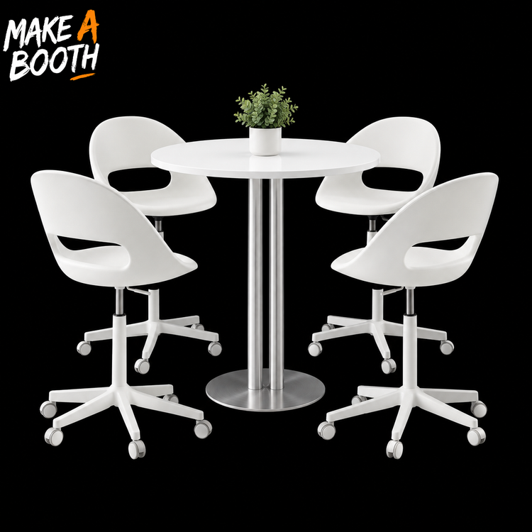 Round trade show table with chrome base and four white rolling swivel chairs